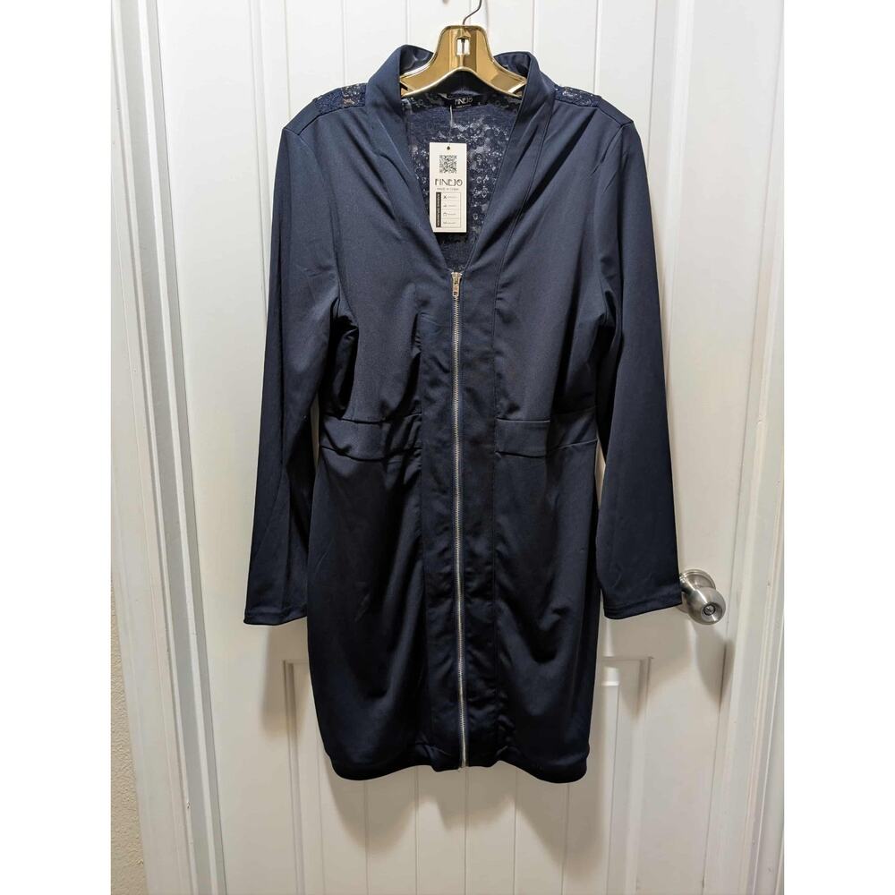 NEW! 3/4 Sleeve Navy Blue V-Neck Zip-Up Pocket Dress Lace Back Size XL FINEJO